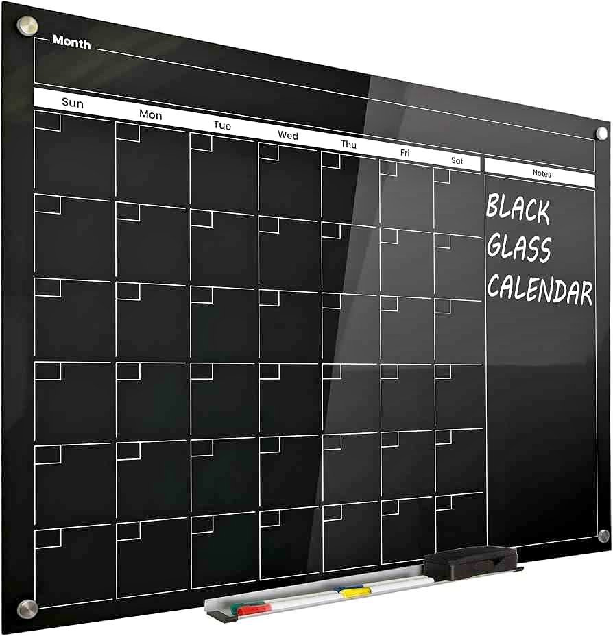 Real Glass Dry Erase Monthly Calendar, Giant Size 34 x 46, Tempered Glass Surface, Frameless Wall