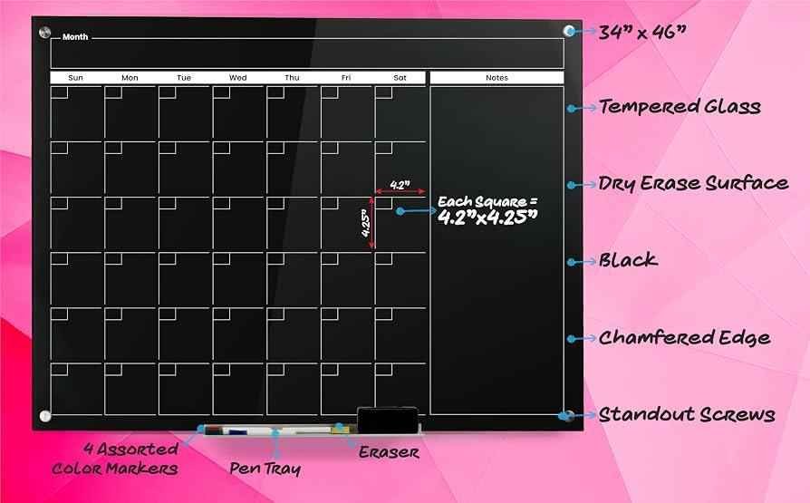 Real Glass Dry Erase Monthly Calendar, Giant Size 34 x 46, Tempered Glass Surface, Frameless Wall - Image 3