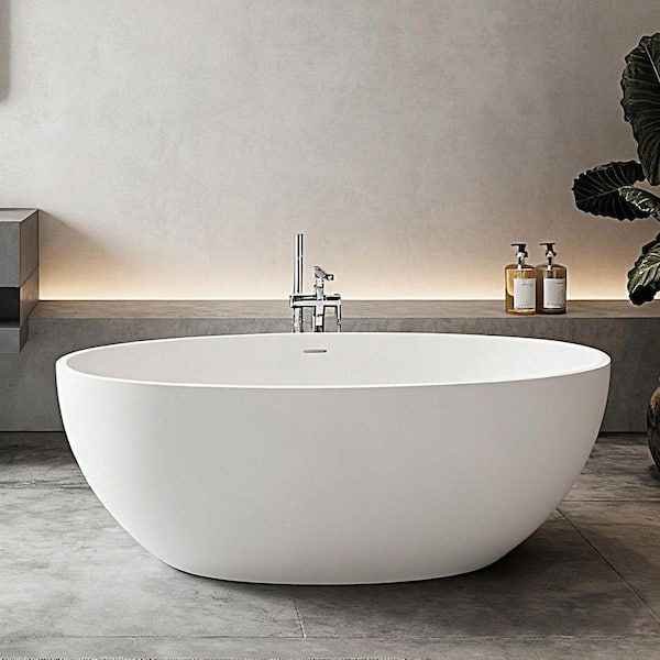 62 in. x 32 in. Stone Resin Freestanding Soaking Bathtub in Matte White with Drain