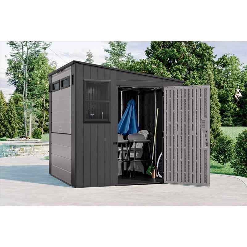 Suncast BMCB8700 Entertainment Shed 8 ft. x 7 ft. Resin Standard Pent with Floor Kit Gray