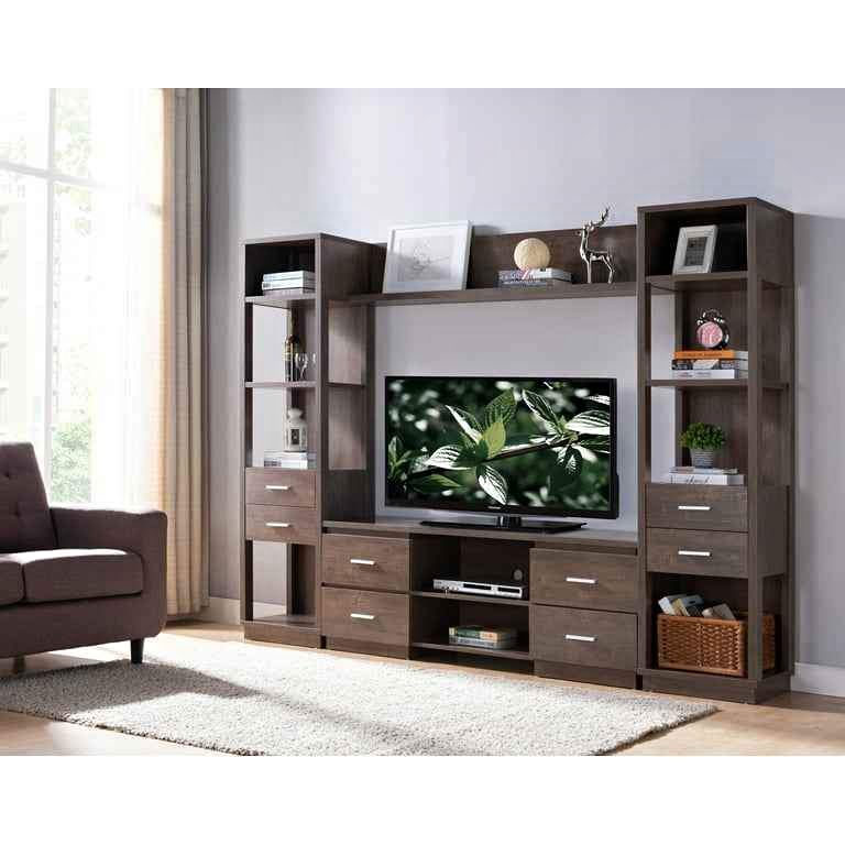 Smart Home 182343TV Mid Century Modern Walnut Oak Television Stand fit for 65 Inch TVs