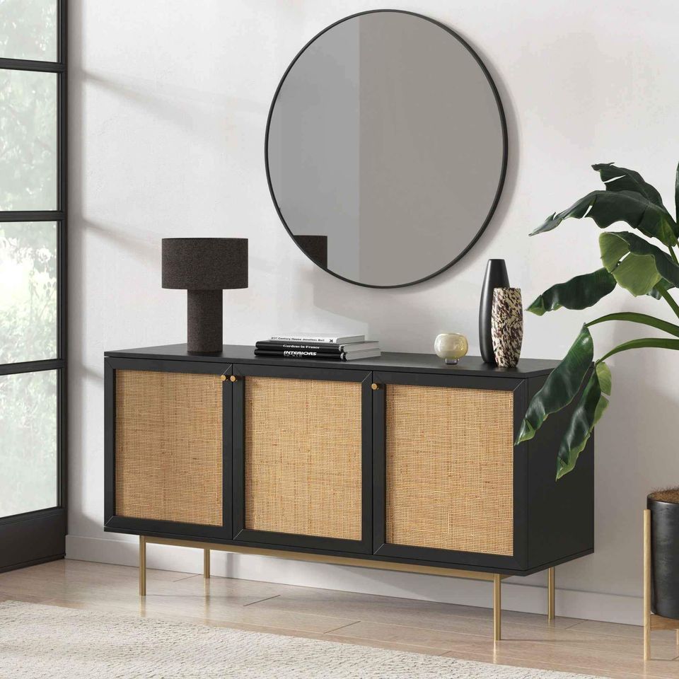 Curtis 3-Door Solid Wood with Natural Woven Cane Sideboard - Black