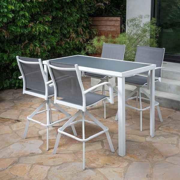 Naples 5-Piece Aluminum Outdoor Dining Set with 4 Swivel Bar Chairs and a Glass-Top Bar Table in Whi