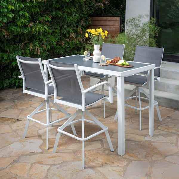 Naples 5-Piece Aluminum Outdoor Dining Set with 4 Swivel Bar Chairs and a Glass-Top Bar Table in Whi - Image 7