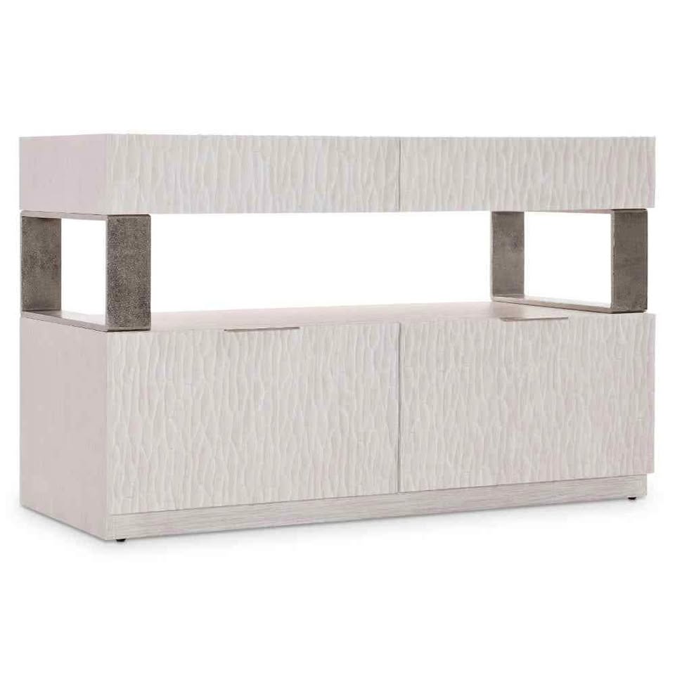Alesio File Credenza - Elegant Weathered Bone Design with Four Drawers & Shiny Nickel Accents