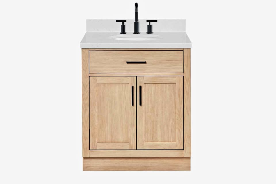 Ariel hepburn 30" single oval sink vanity with carrara white quartz countertop 1.5" edge in oak