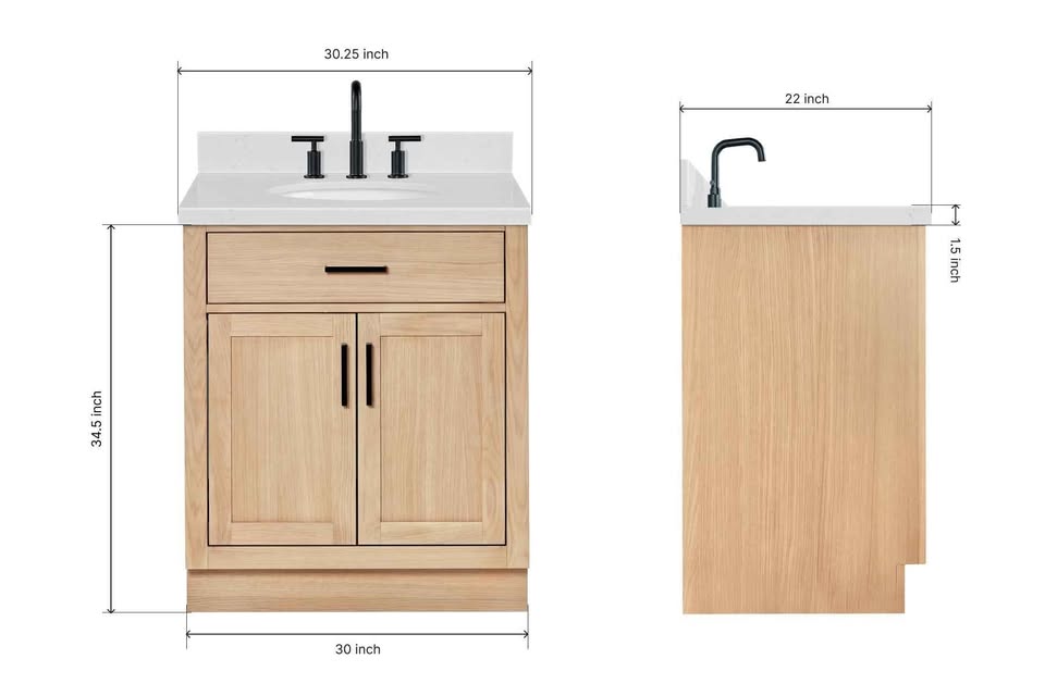 Ariel hepburn 30" single oval sink vanity with carrara white quartz countertop 1.5" edge in oak - Image 2