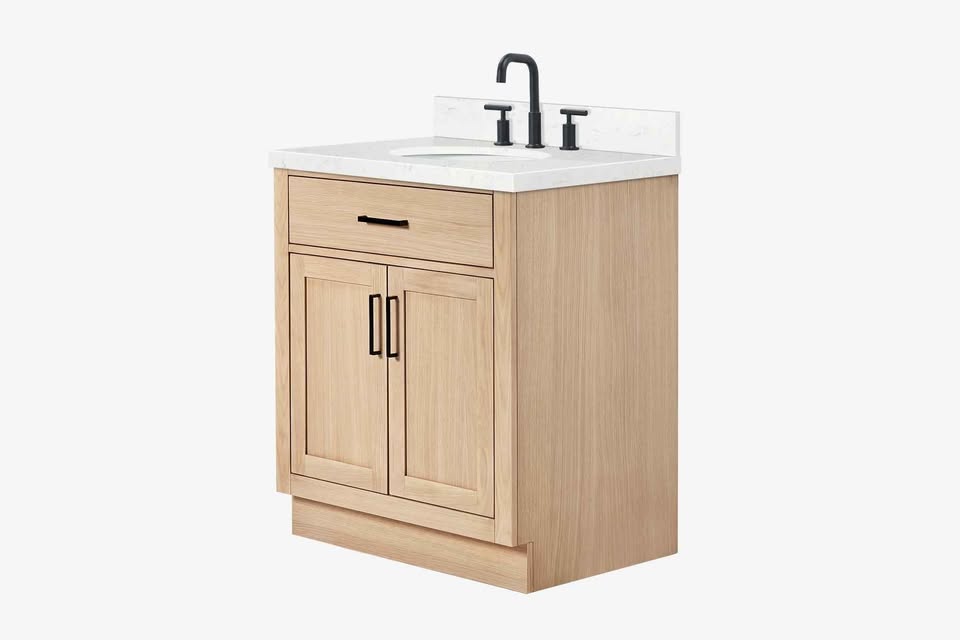 Ariel hepburn 30" single oval sink vanity with carrara white quartz countertop 1.5" edge in oak - Image 3