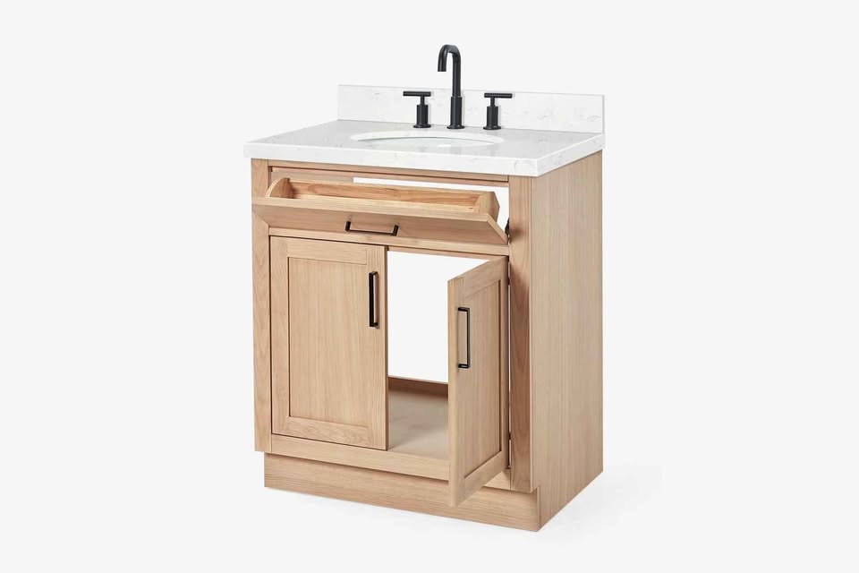 Ariel hepburn 30" single oval sink vanity with carrara white quartz countertop 1.5" edge in oak - Image 4