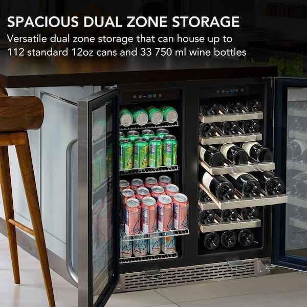 30" Dual Zone 33-Wine Bottle 112 Can Beverage & Wine Cooler Fridge with French Doors in Stainless St - Image 2