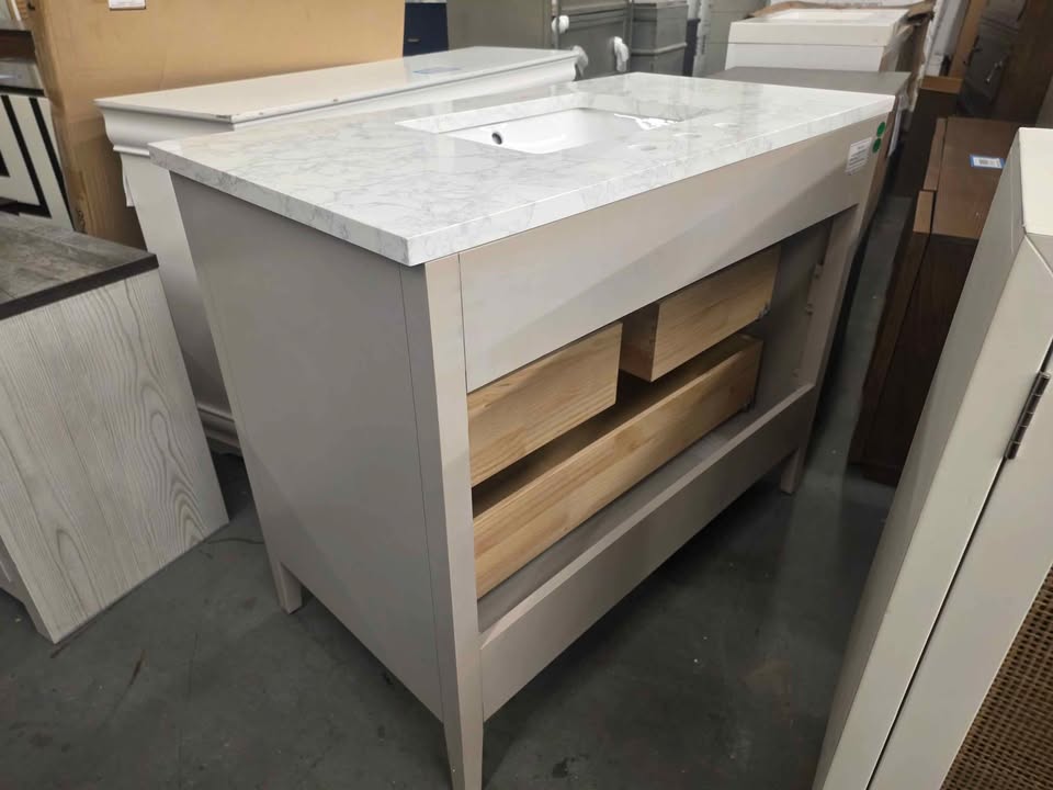 SUDIO Emma 42" W Bath Vanity in Taupe with Engineered Stone Top in Arabescato with White Sink - Image 8