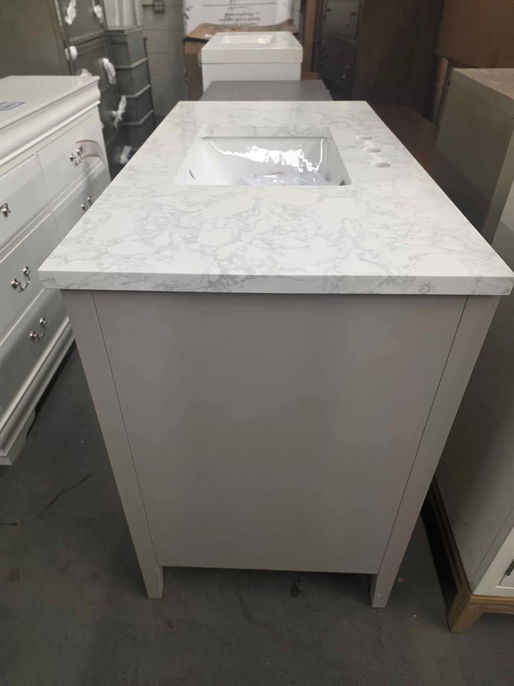 SUDIO Emma 42" W Bath Vanity in Taupe with Engineered Stone Top in Arabescato with White Sink - Image 10