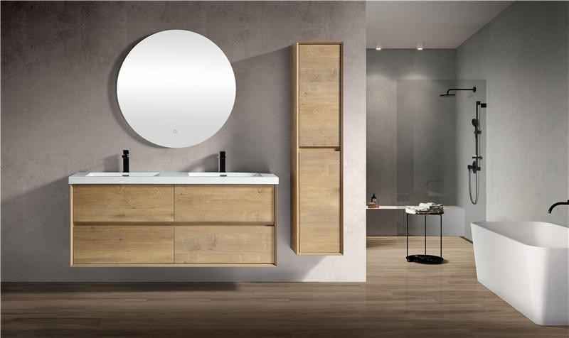 SLIM 60" DOUBLE SINK LIGHE WHITE OAK WALL MOUNTED VANITY WITH REINFORCED ACRYLIC SINKS - Image 2