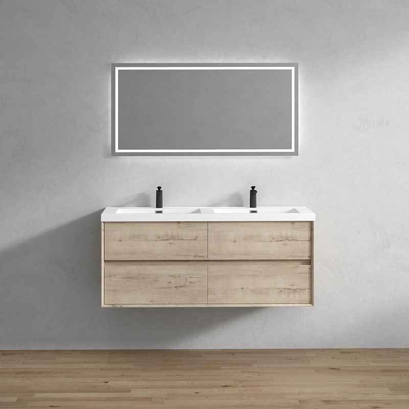 SLIM 60" DOUBLE SINK LIGHE WHITE OAK WALL MOUNTED VANITY WITH REINFORCED ACRYLIC SINKS - Image 4