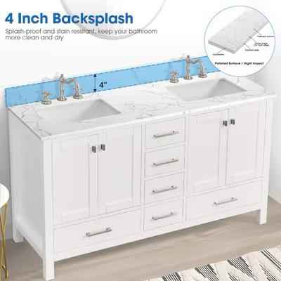 60 in. W x 22 in.D Engineered stone composite Vanity Top in White with White Rectangular Double Sink - Image 5