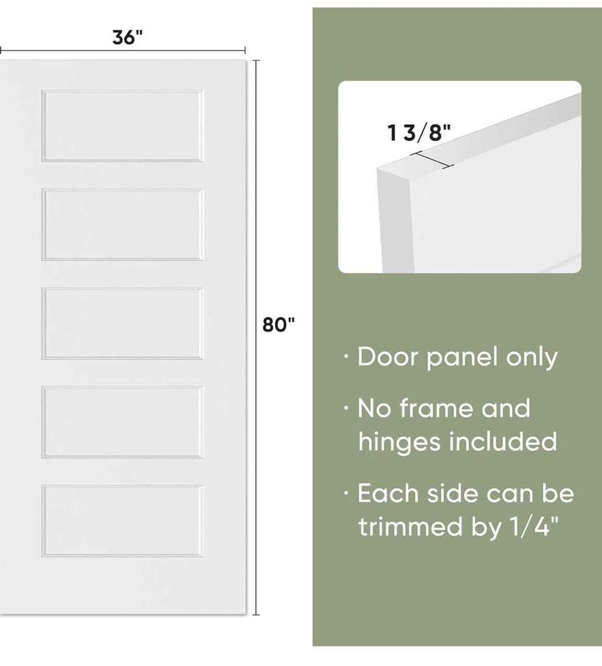 BARNSMITH 36x80 in 5-Panel White Primed Molded Door Slab, Shaker Style Paintable Hollow Core - Image 3