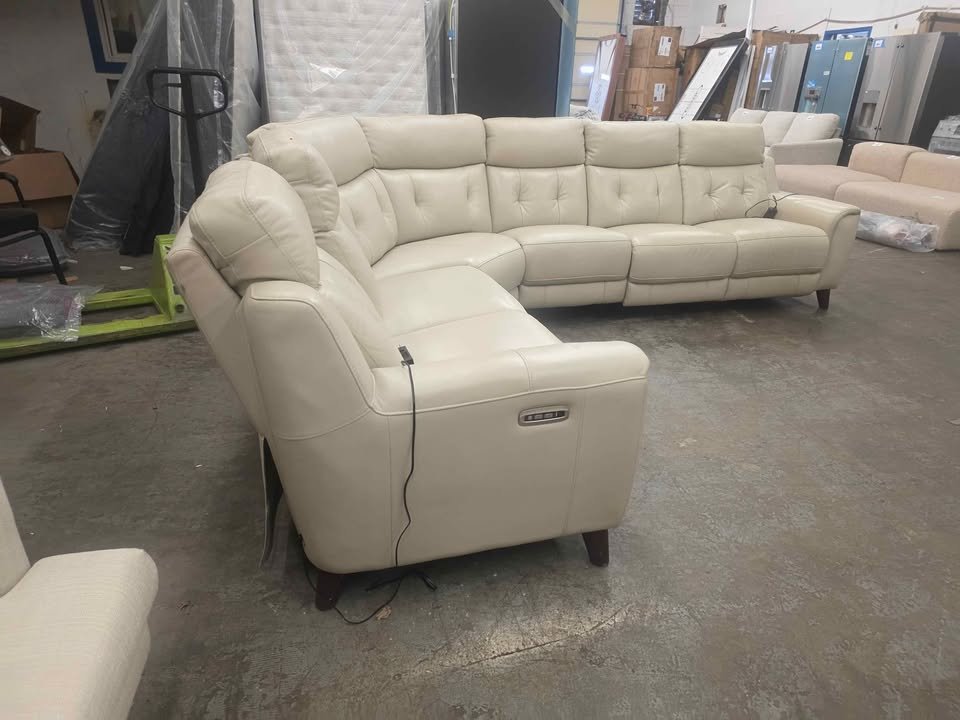 Malibu 4-piece Leather Power Reclining Sectional with Power Headrests ( Cream ) - Image 5