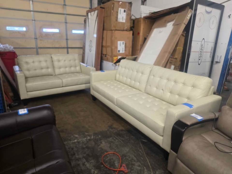 Abbyson Tova Modern Top Grain Leather Tufted Sofa & Loveseat ( Cream ) - Image 5