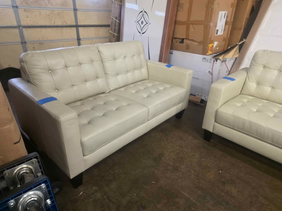 Abbyson Tova Modern Top Grain Leather Tufted Sofa & Loveseat ( Cream ) - Image 7