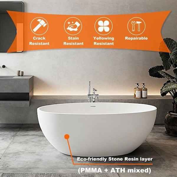 62 in. x 32 in. Stone Resin Freestanding Soaking Bathtub in Matte White with Drain - Image 3