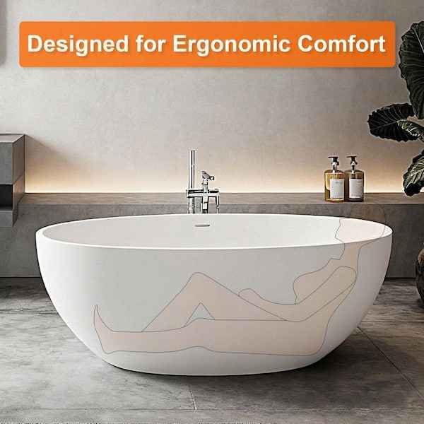 62 in. x 32 in. Stone Resin Freestanding Soaking Bathtub in Matte White with Drain - Image 4