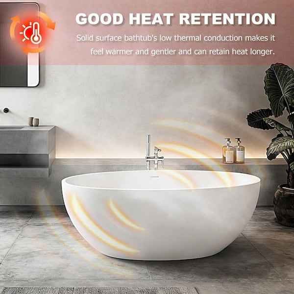 62 in. x 32 in. Stone Resin Freestanding Soaking Bathtub in Matte White with Drain - Image 8