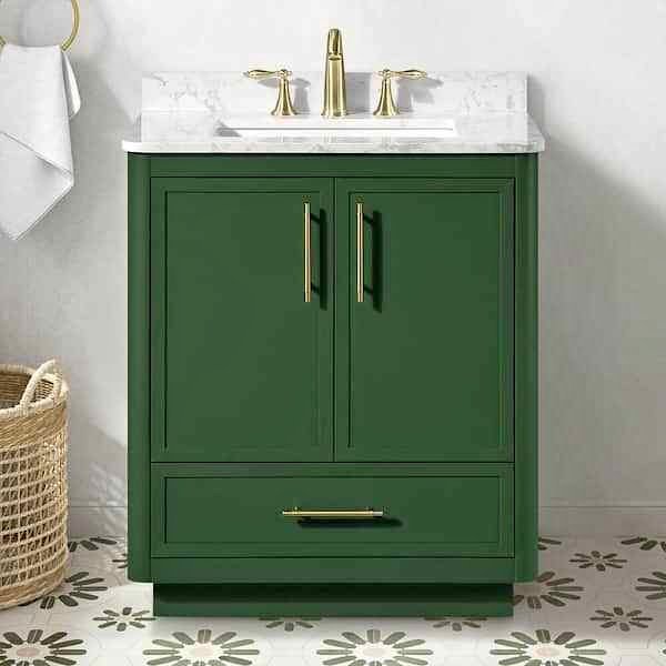 Tamsin 30" Freestanding Forest Green Bath Vanity with White Round Corner Engineered Marble Top