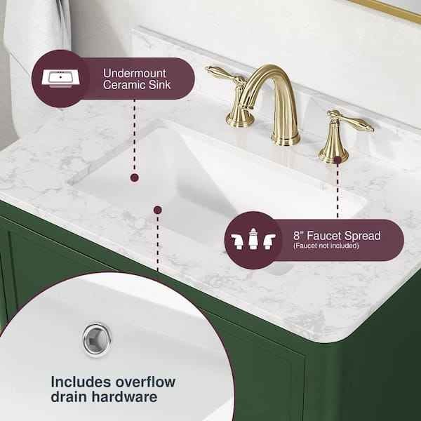 Tamsin 30" Freestanding Forest Green Bath Vanity with White Round Corner Engineered Marble Top - Image 4