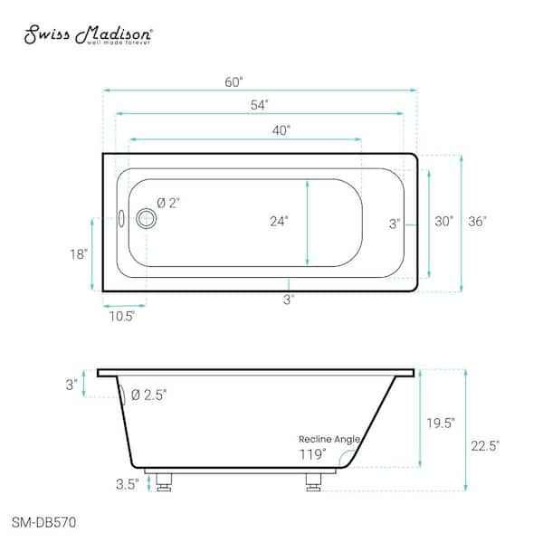 Voltaire 60 in. x 36 in. Acrylic Drop-In Reversible Drain Bathtub in White - Image 3
